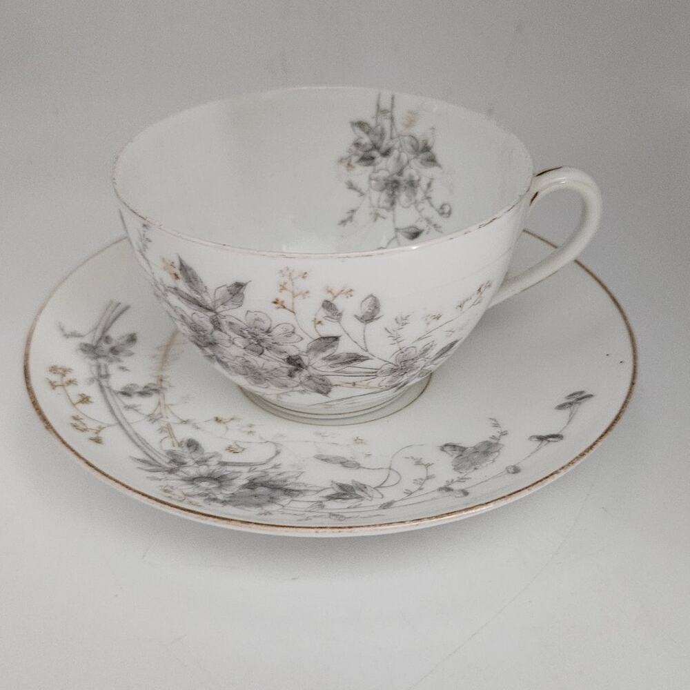 Vintage Limoges France Porcelain Teacup & Saucer Gray Floral Gold Trim
